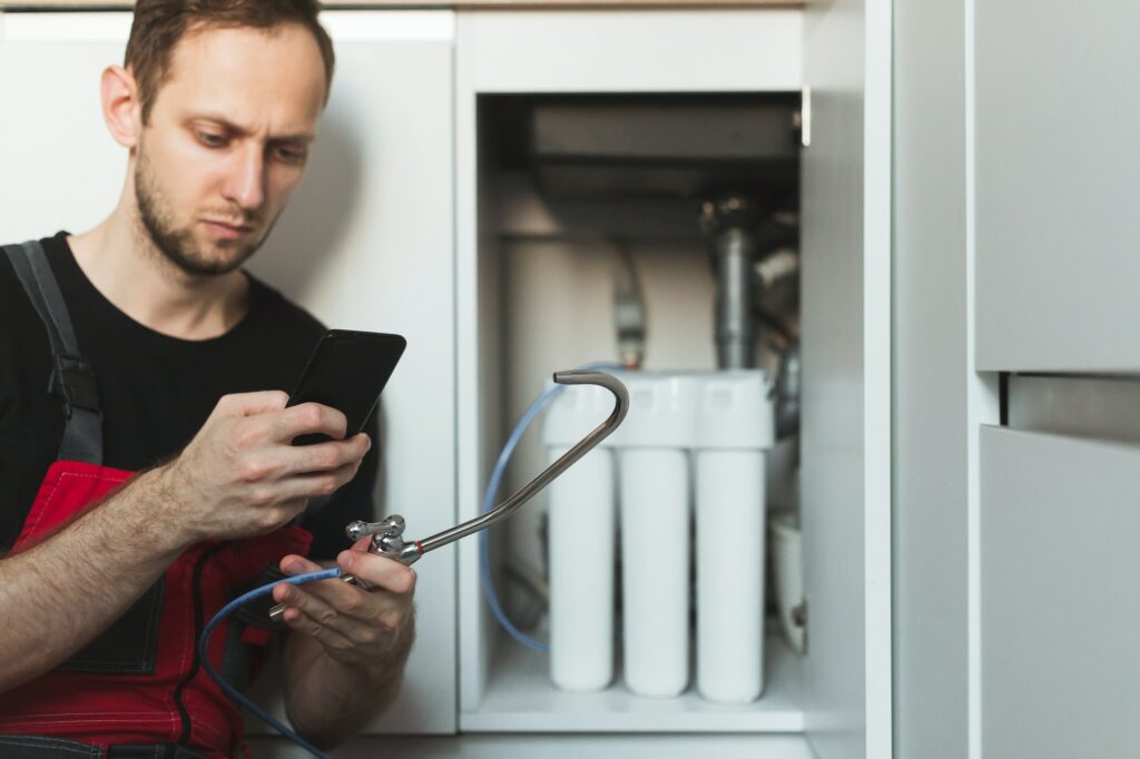 Plumber in the kitchen with smartphone read guide how to install household water treatment system